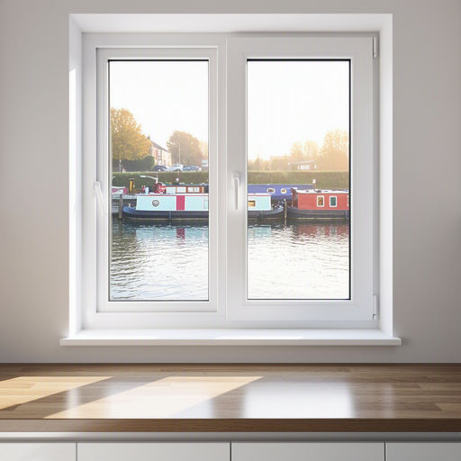 Uitzicht vanuit een keuken in Heemstede door een kunststof raam op een gracht