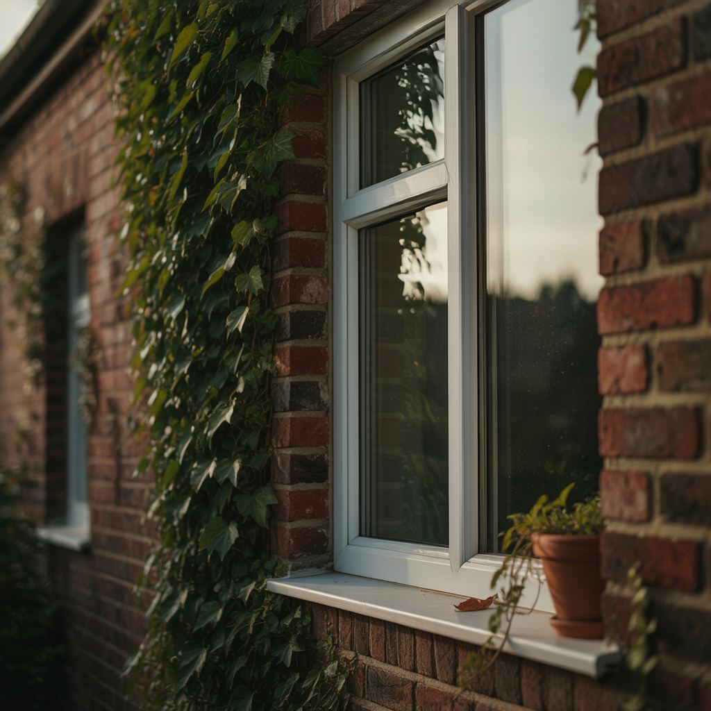 Close-up van een draaikiepraam in kunststof met isolatieglas en verzorgde afwerking tegen een bakstenen muur in Zandvoort
