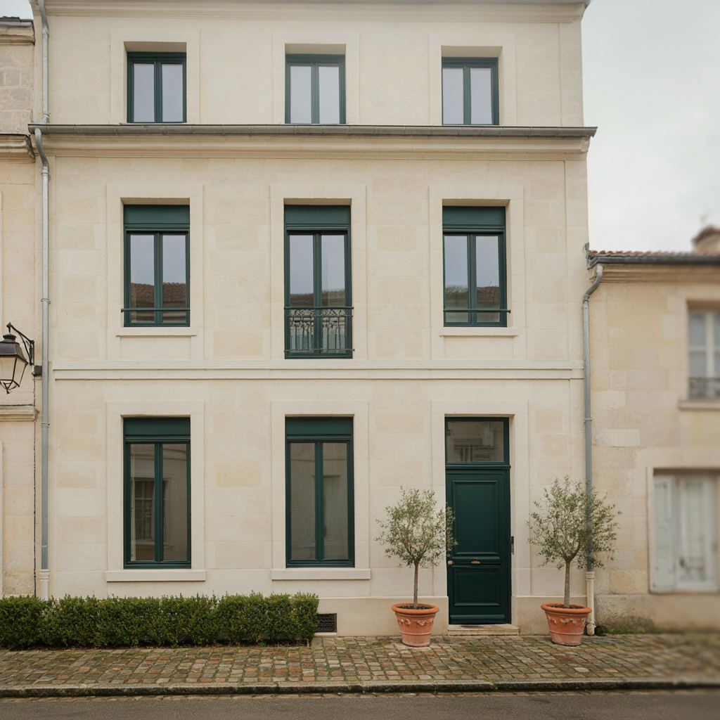 Gerenoveerd herenhuis met donkergroene kunststof kozijnen aan een stoep in Sassenheim