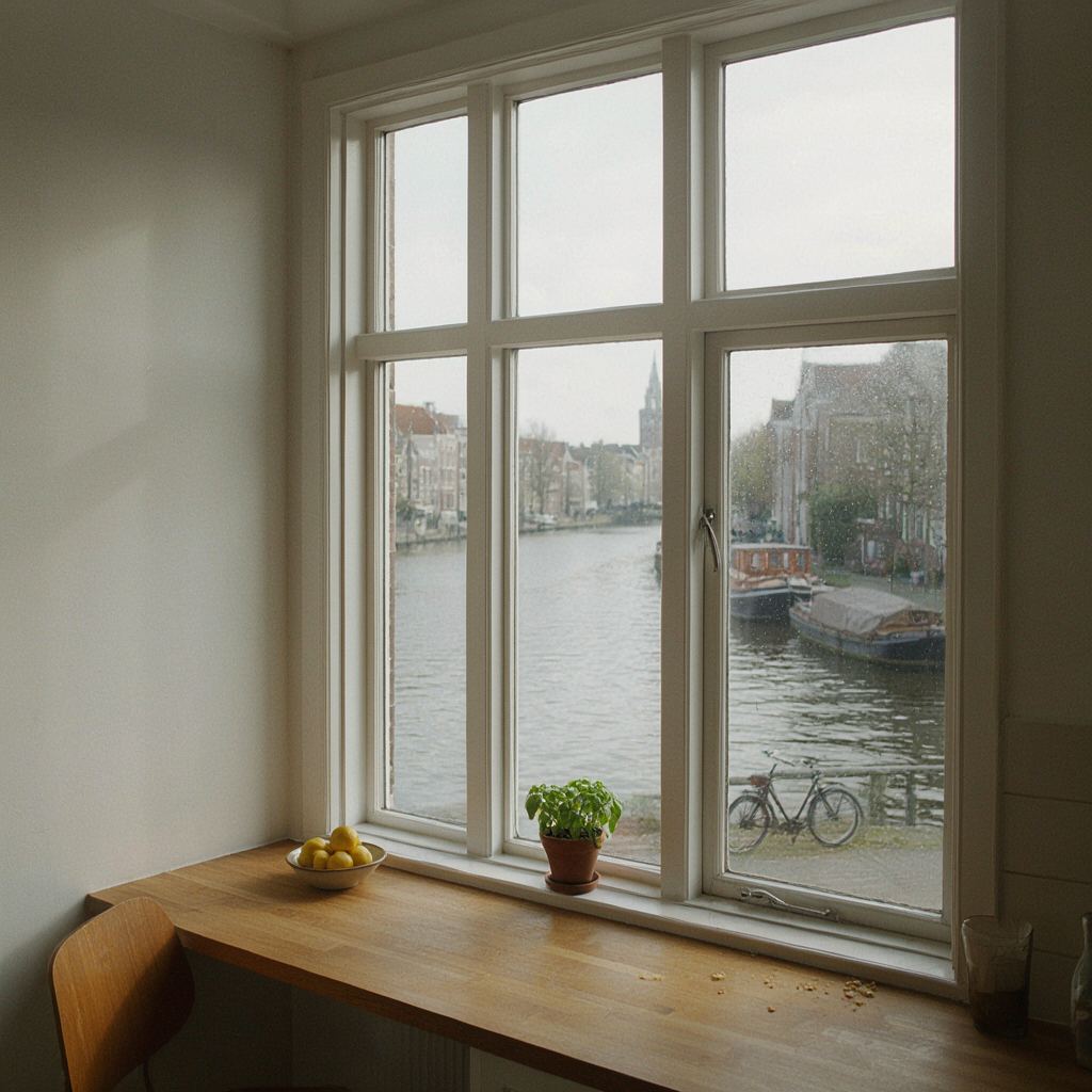 Licht interieur met uitzicht over het polderlandschap van Abbenes door een groot kunststof raam