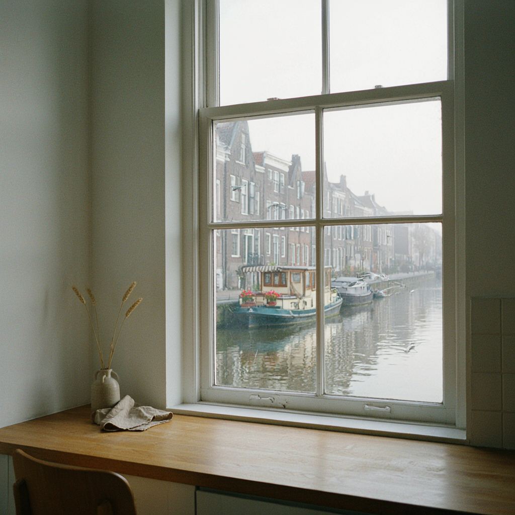 Uitzicht vanuit een keuken in Spaarndam door een kunststof raam op een gracht