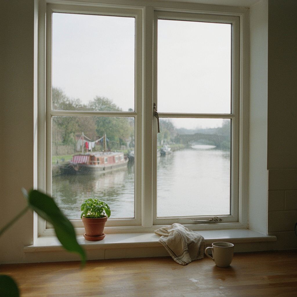 Uitzicht vanuit een keuken in Sassenheim door een kunststof raam op een gracht