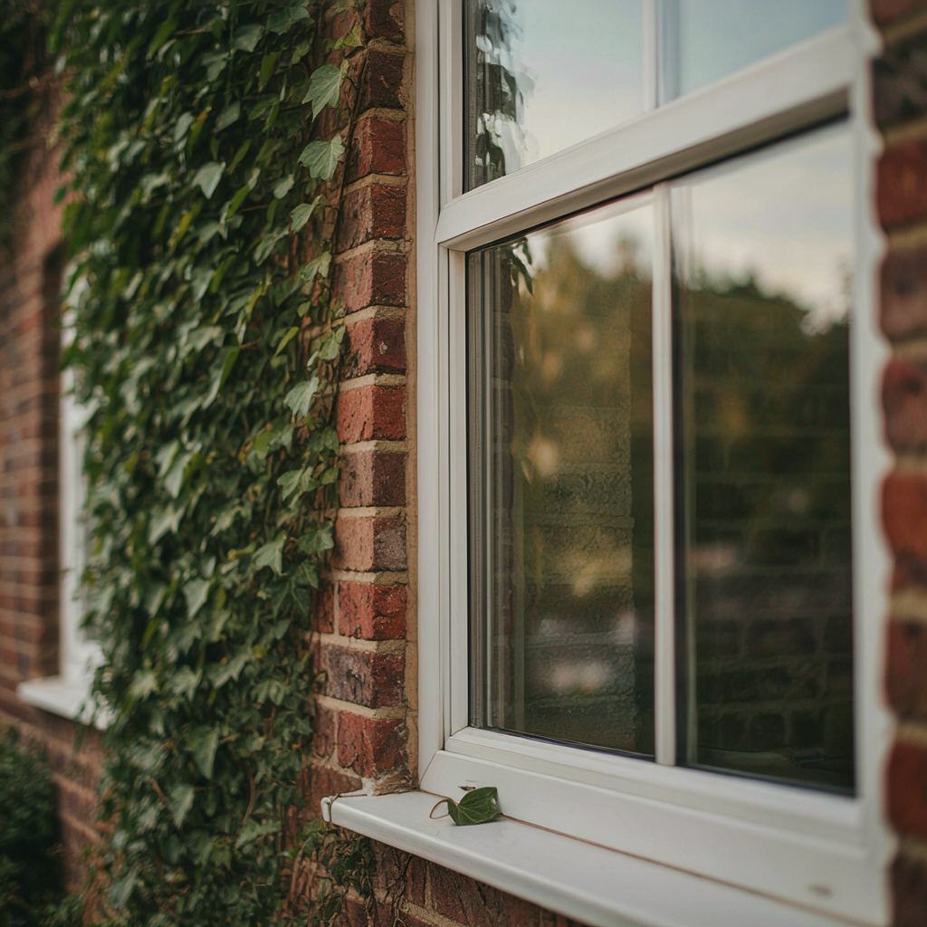 Detail van een wit kunststof schuifraam met slanke profielen en dubbel glas tegen een bakstenen muur