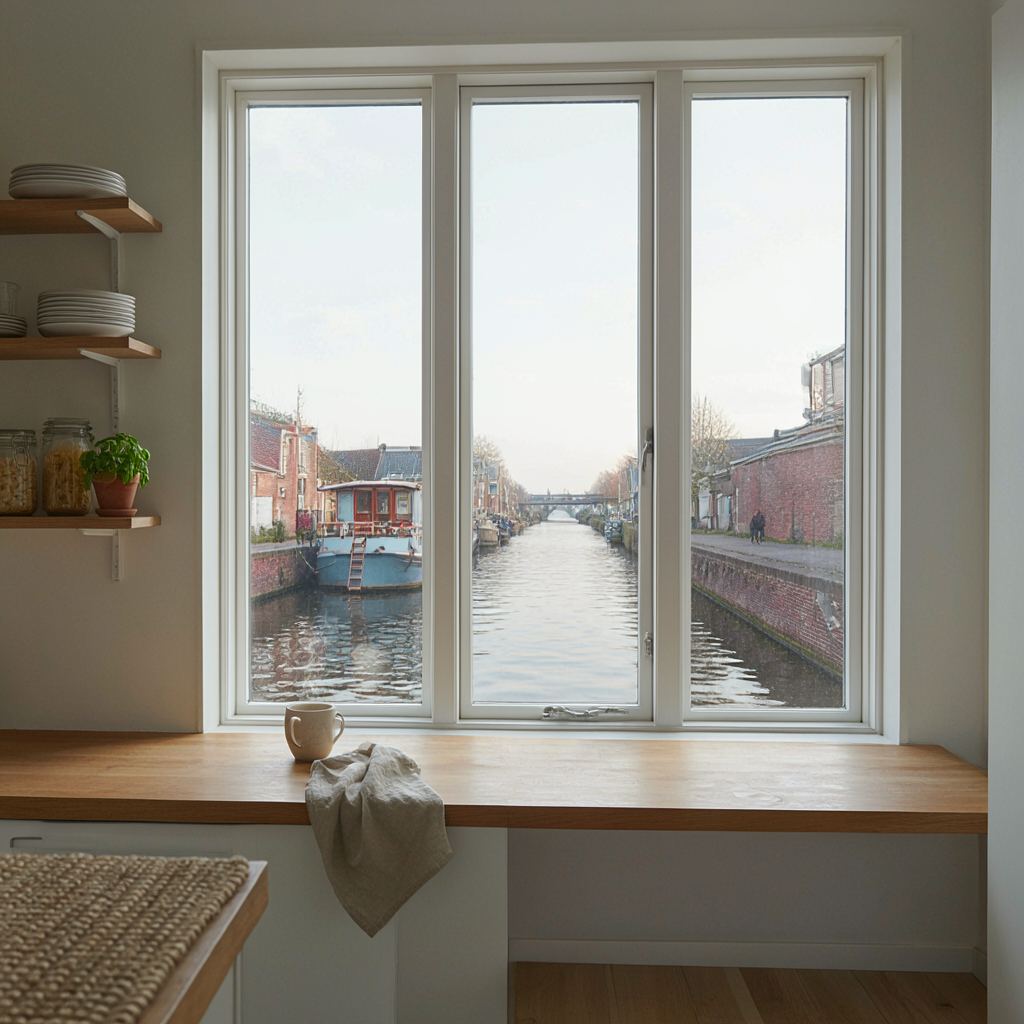Uitzicht vanuit een keuken in Bloemendaal door een kunststof raam op een groene tuin