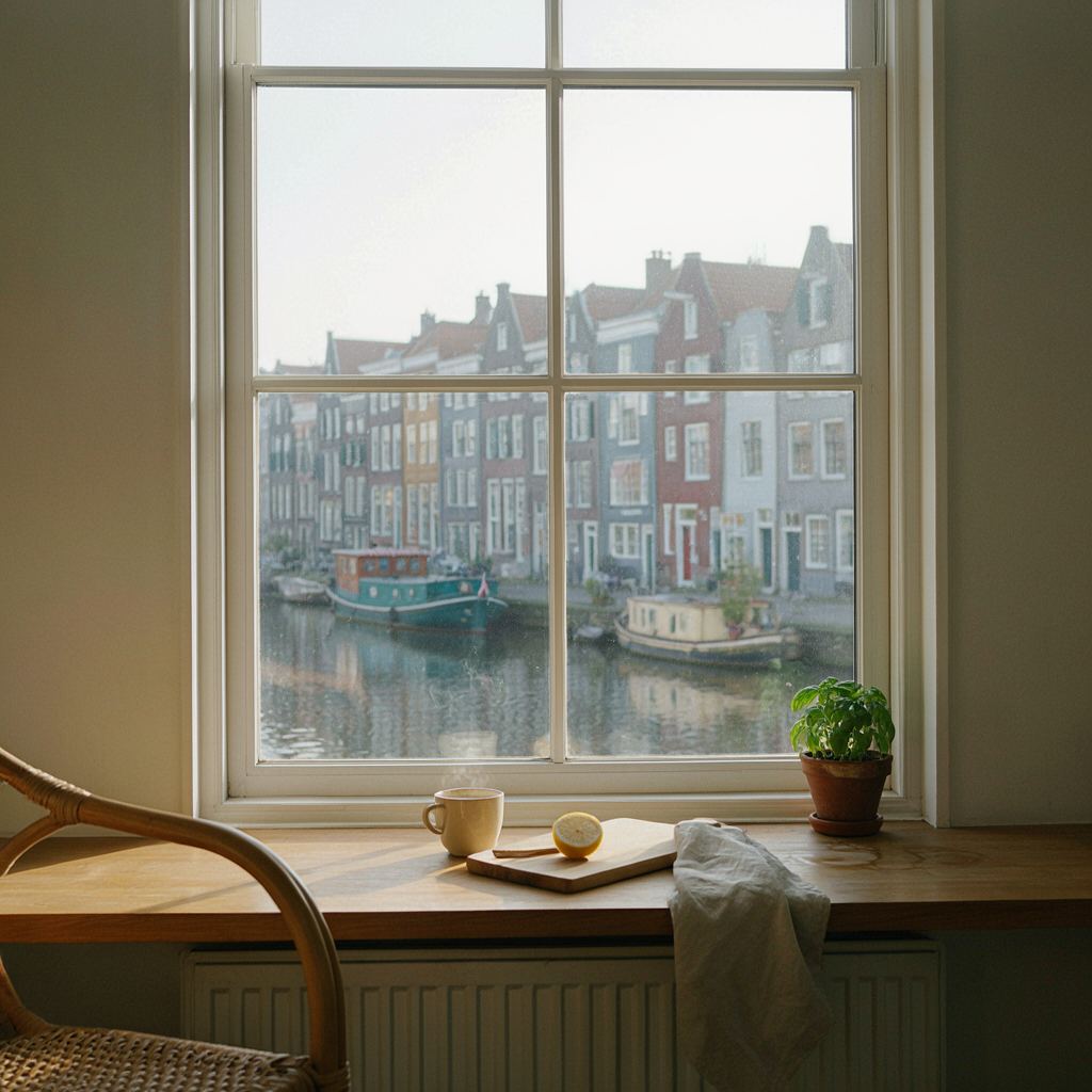 Uitzicht vanuit een keuken in Santpoort-Noord door een kunststof raam op een gracht