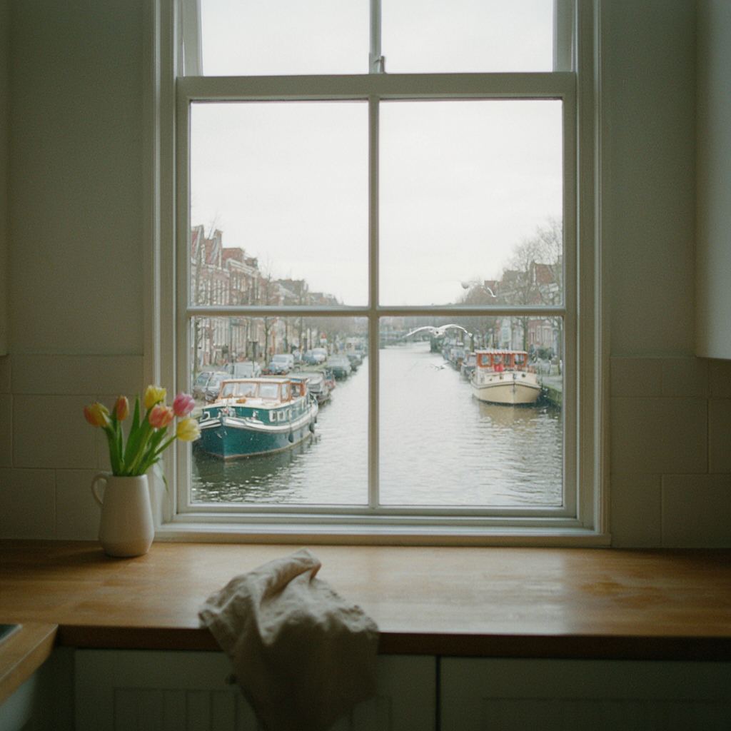 Uitzicht over de ringvaart vanaf een woonkamer in Halfweg, door een groot kunststof kozijn met houtlook profiel