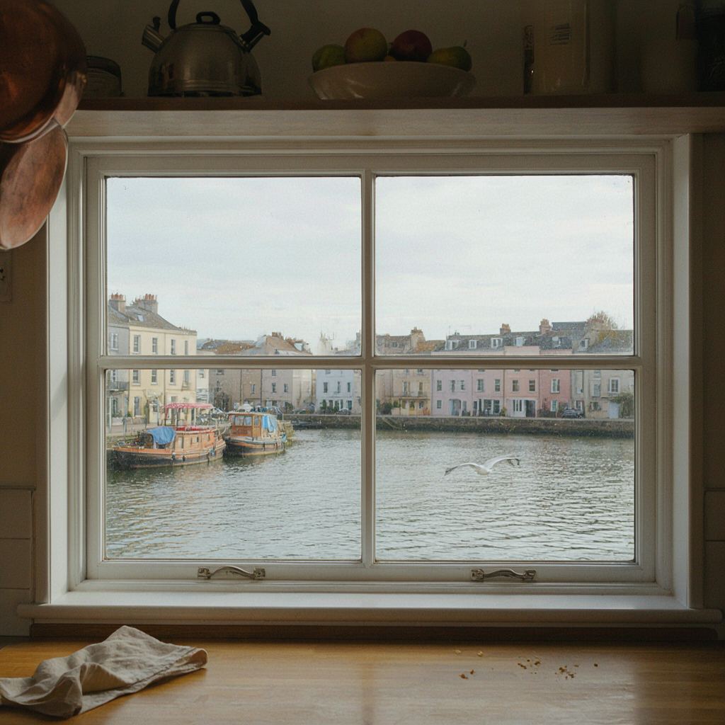 Uitzicht vanuit een keuken in Overveen door een kunststof raam op een groene duinrand