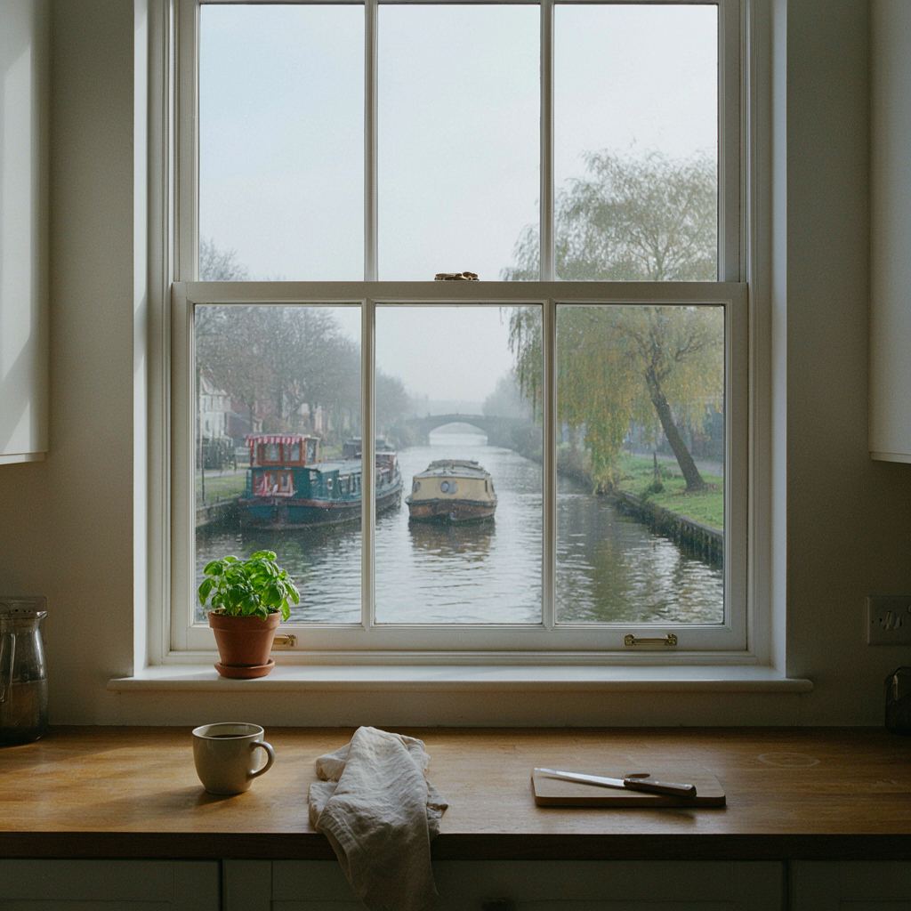 Lichtinval door een groot kunststof raam met uitzicht op de gracht in een Haarlemse keuken