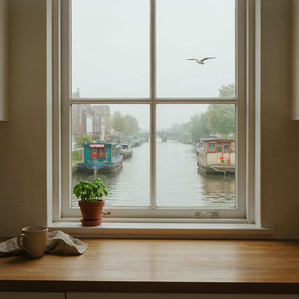 Uitzicht vanuit een keuken in Heemstede door een kunststof raam op een gracht