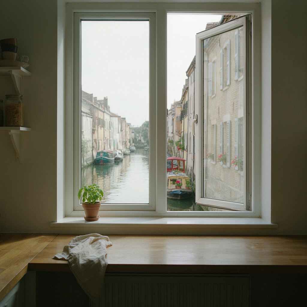 Uitzicht vanuit een keuken in Heemstede door een kunststof raam op een gracht