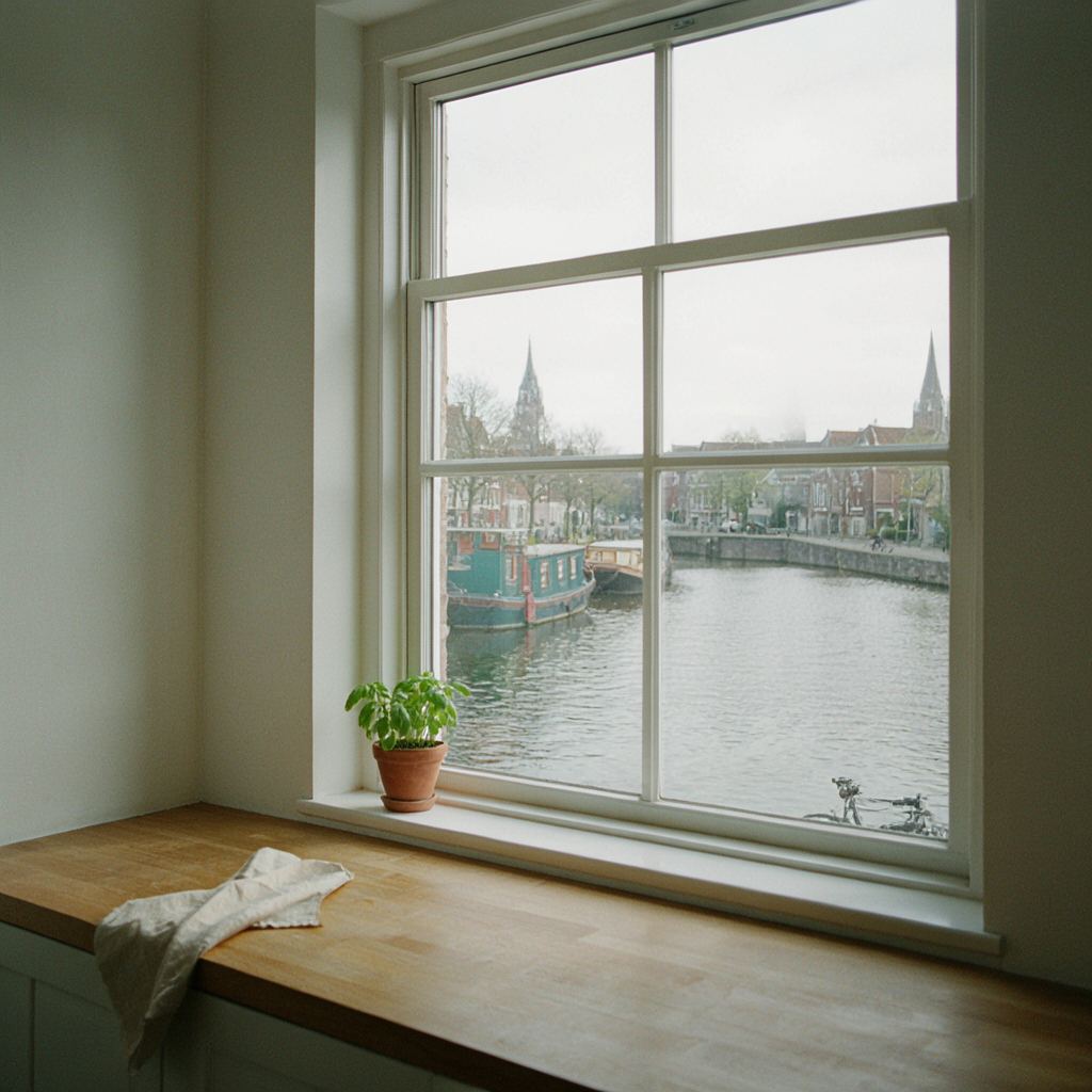 Uitzicht vanuit een woning in Cruquius door een kunststof raam op de historische Cruquiusbrug