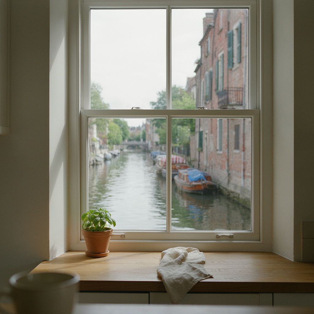 Uitzicht vanuit een keuken in Lisse door een kunststof raam op een gracht