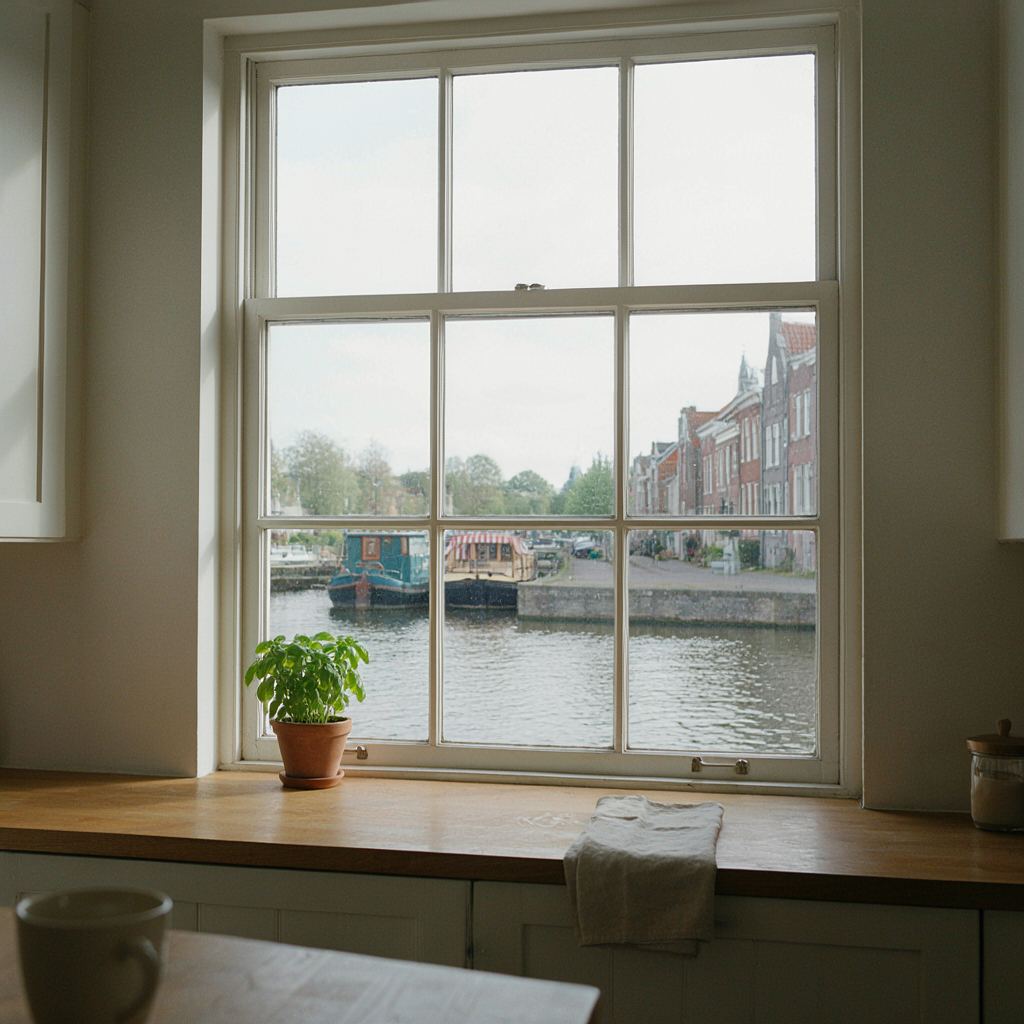 Uitzicht vanuit een keuken in Heemstede door een kunststof raam op een gracht