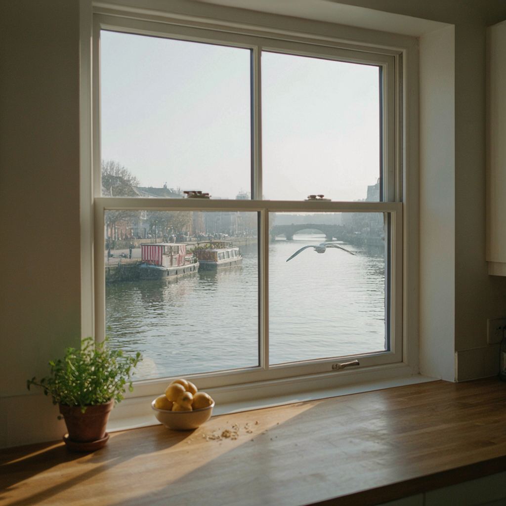 Uitzicht vanuit een keuken in Heemstede door een kunststof raam op een gracht